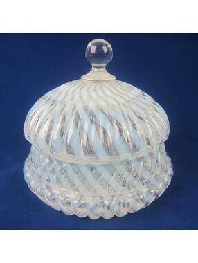 Antique Northwood Chrysanthemum Swirl Opalescent White Glass Jar & Lid 6" RARE